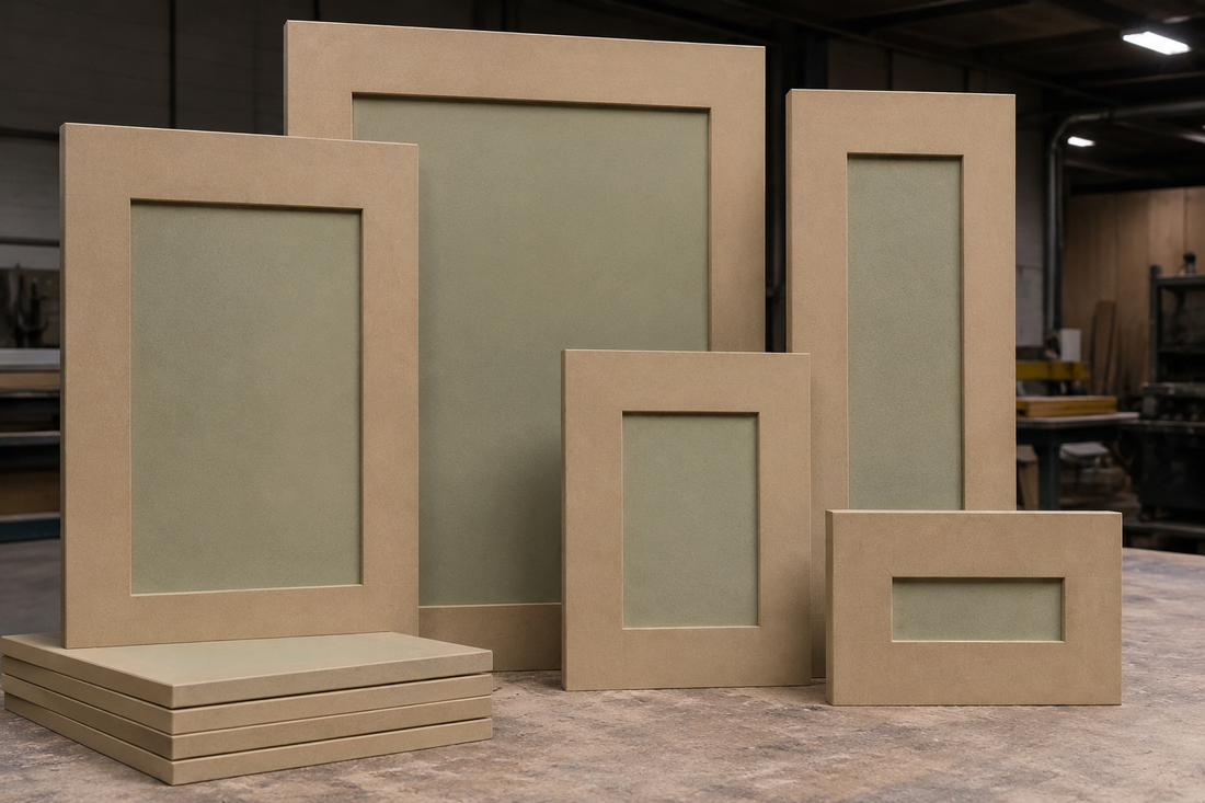 Illustration of unfinished shaker doors and slab drawer fronts in different sizes