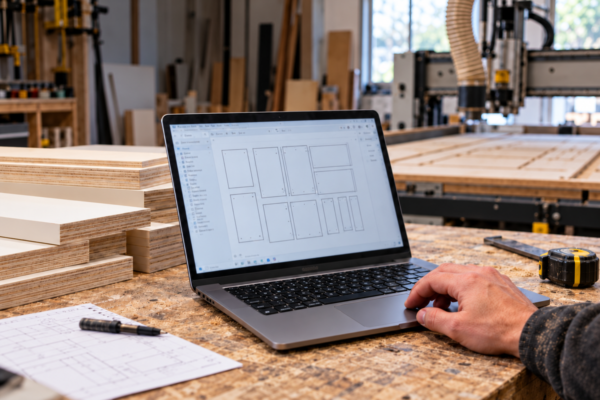Illustrative workshop scene with a laptop, plywood cabinet parts and a CNC router.