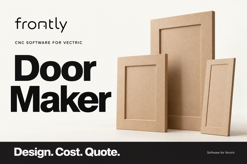 Frontly Door Maker for Vectric — design, cost and quote. Cream and black artwork with illustrative unfinished shaker doors.