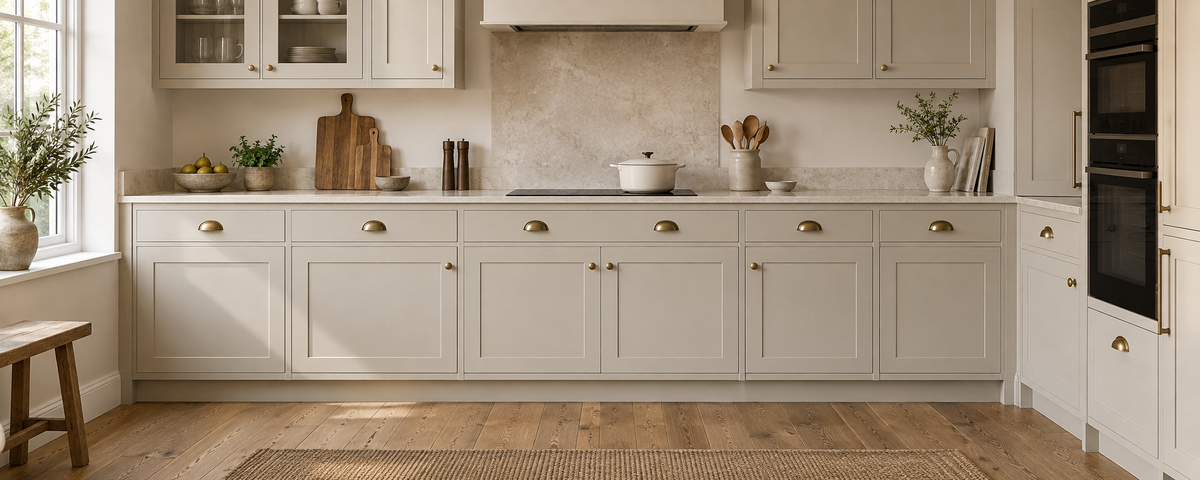 Kitchen inspiration with warm ivory shaker cabinet fronts, brass handles and a pale stone worktop