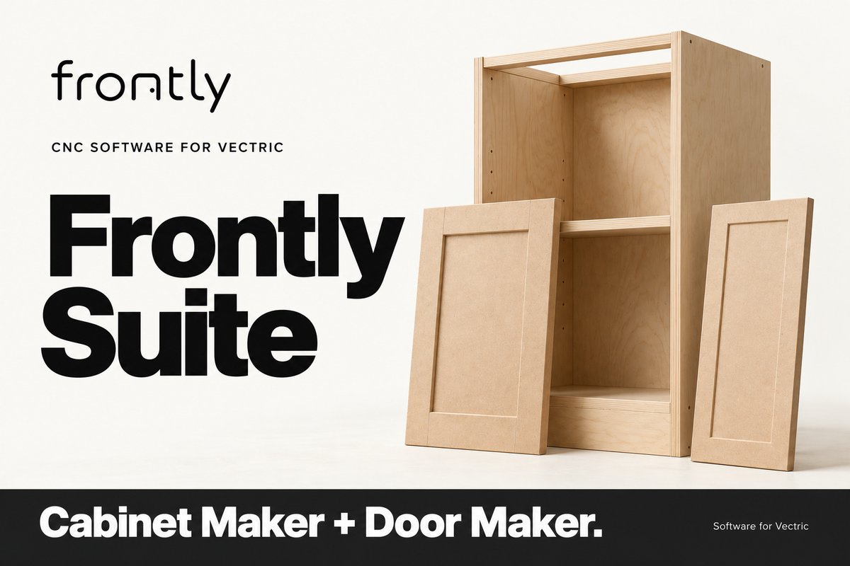 Frontly Suite for Vectric — Cabinet Maker and Door Maker together. Illustrative cabinet and shaker doors.